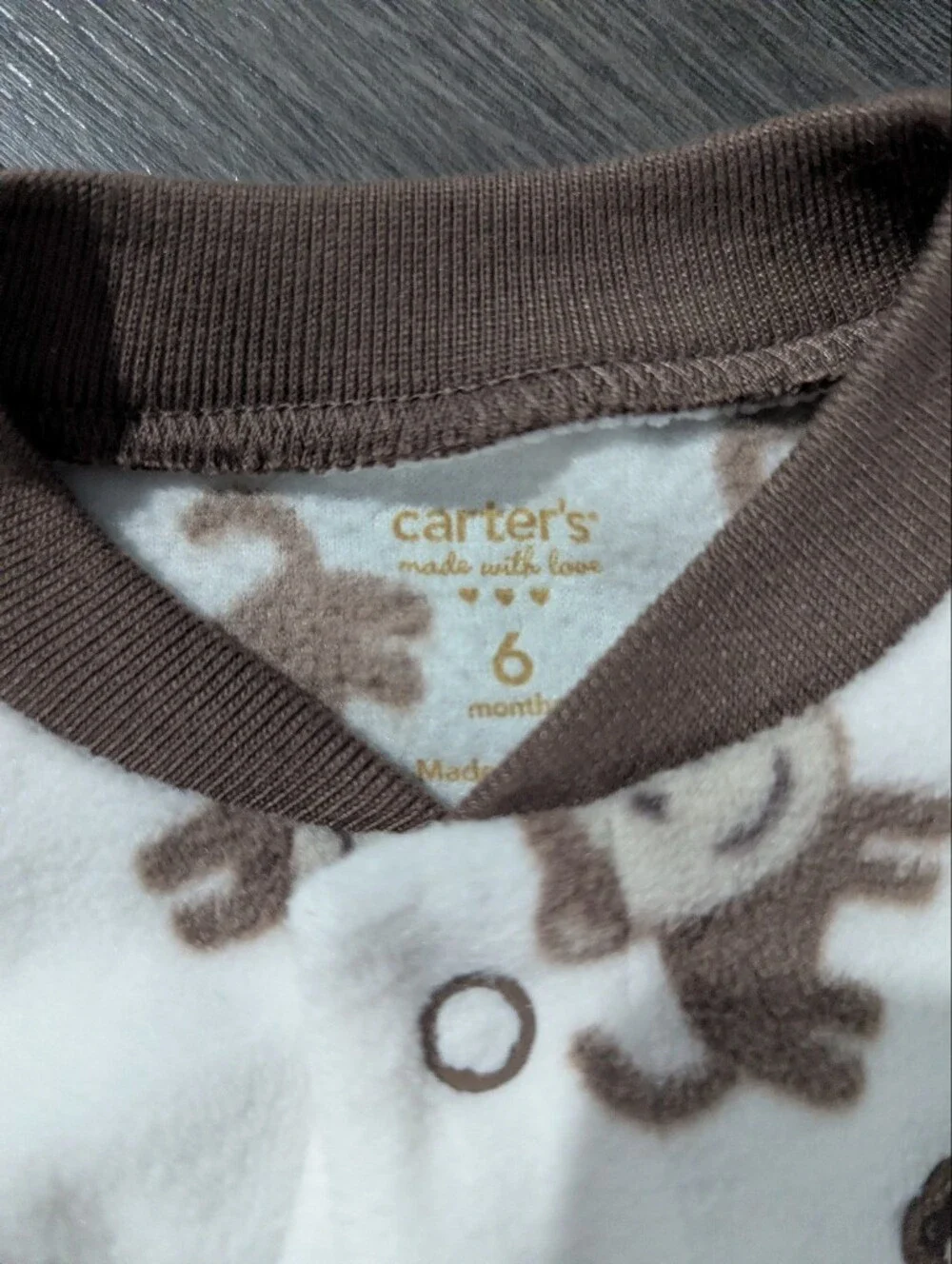Carter's White and Brown Monkey Fleece Footed One-Piece